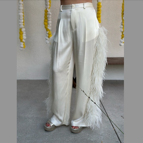 La Pointe Satin Relaxed Pleated Pant with Ostrich Feathers - Picture 1 of 6